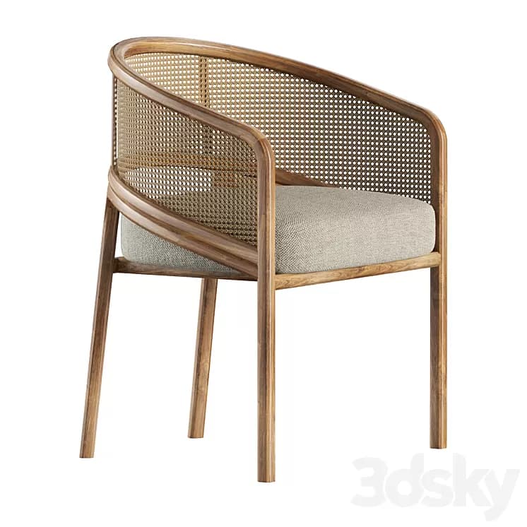 A contemporary armchair featuring a curved back and armrests constructed from bent wood with a cane weaving insert. The seat is upholstered with a textured fabric cushion. The frame is supported by four tapered wooden legs. — 3D model