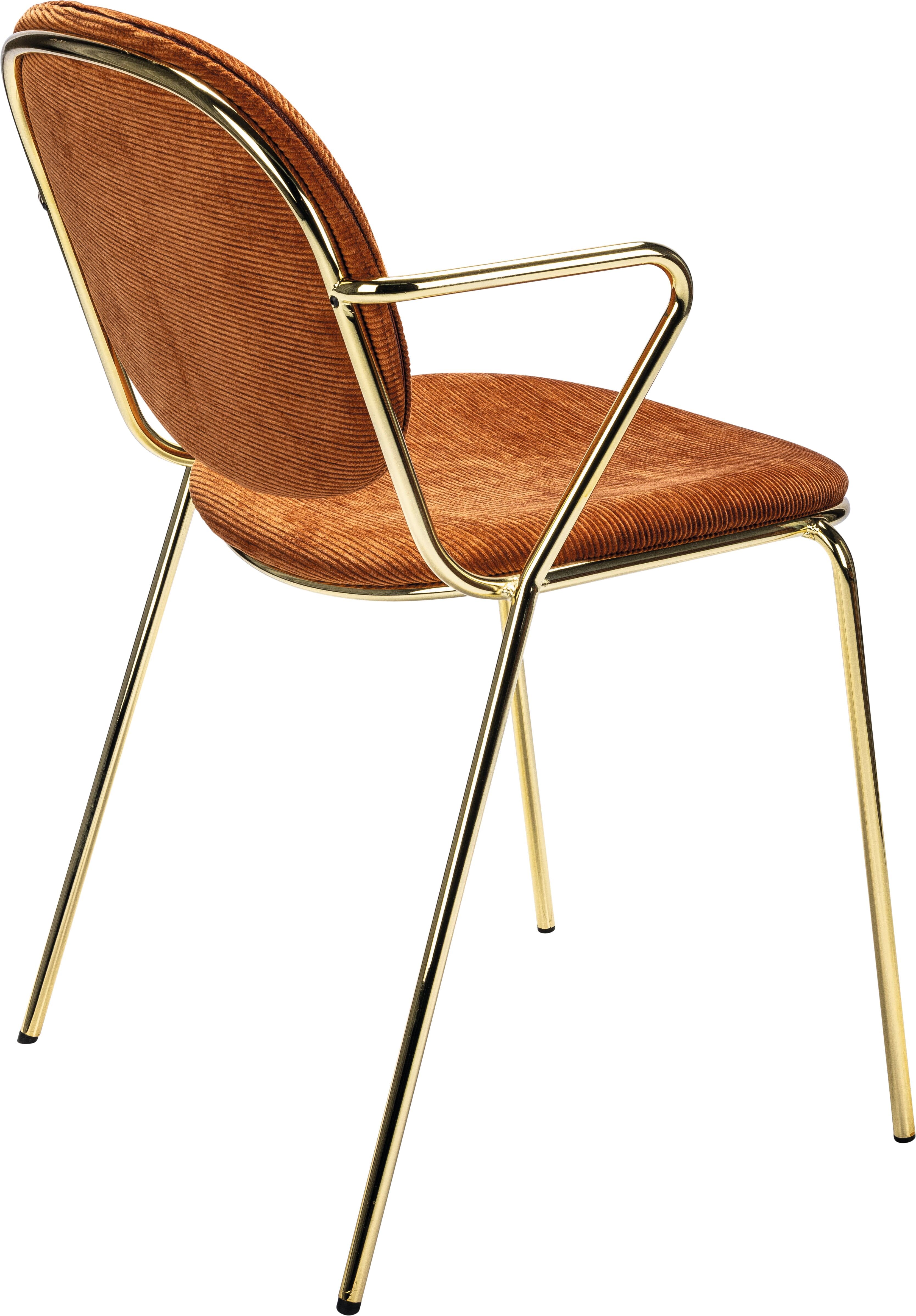 A modern armchair featuring a polished gold-finished tubular metal frame and rust-colored corduroy upholstery on the seat and backrest. — 3D model