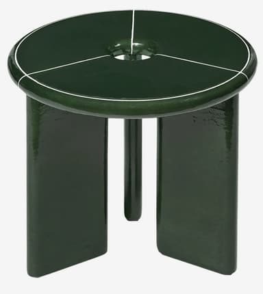 A dark green, round-top stool with three distinctive legs. The top surface features a striking white veining pattern, characteristic of malachite or jade. Two of the legs are broad and flat, while the third is a slender cylinder, creating an asymmetrical and modern silhouette. The entire piece appears to be crafted from a composite material with a high-gloss finish. — 3D model