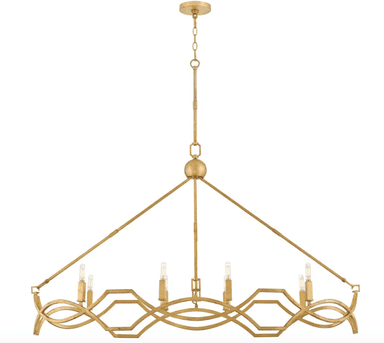 A modern linear chandelier featuring a gold-finished metal frame with a distinct geometric, wavy, and openwork design. It holds multiple exposed candle-style light bulbs, arranged in a row. The fixture is suspended by a chain and rod from a circular ceiling canopy, giving it a sophisticated and contemporary aesthetic. — 3D model