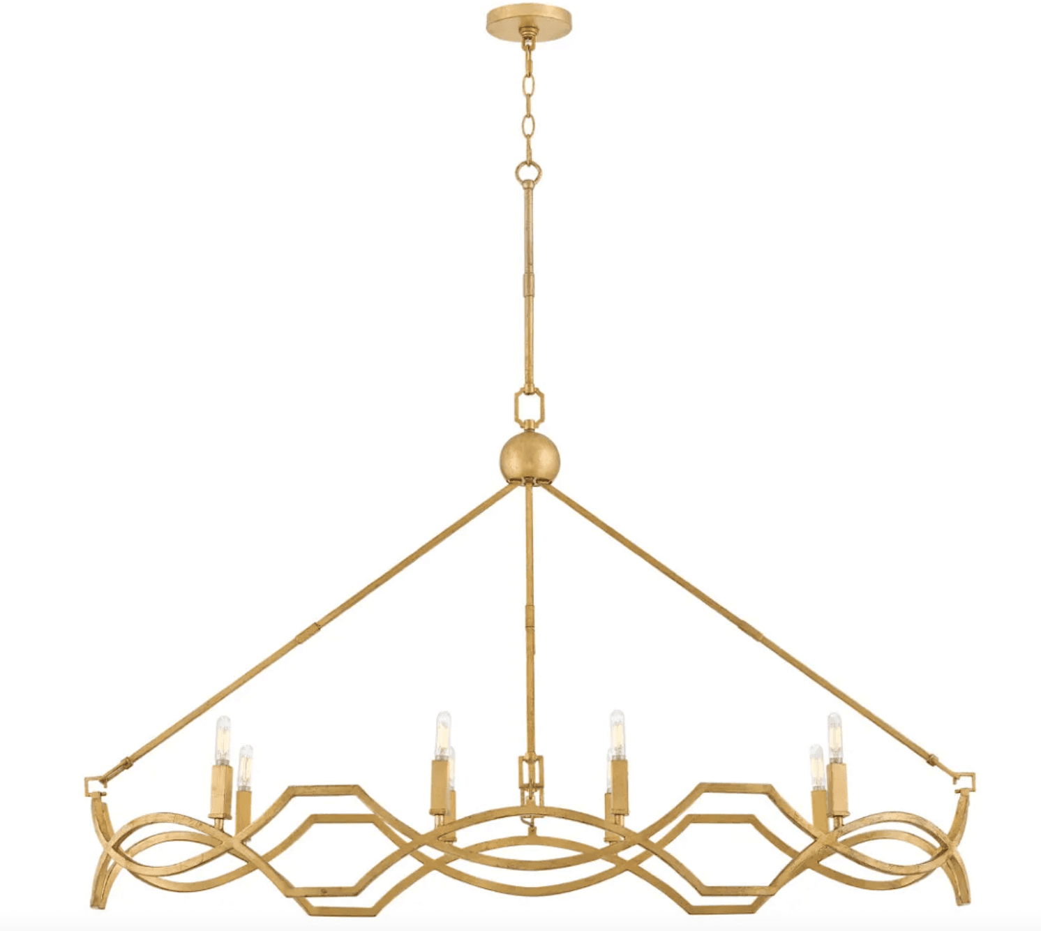 A modern linear chandelier featuring a gold-finished metal frame with a distinct geometric, wavy, and openwork design. It holds multiple exposed candle-style light bulbs, arranged in a row. The fixture is suspended by a chain and rod from a circular ceiling canopy, giving it a sophisticated and contemporary aesthetic. — 3D model