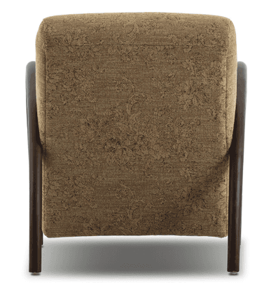An upholstered armchair featuring a textured brown fabric on the seat and backrest. The chair is distinguished by its dark, curved wooden armrests that run from the top of the backrest to the base of the seat, forming part of the exposed frame. The design appears contemporary with clean lines and integrated cushioning. — 3D model