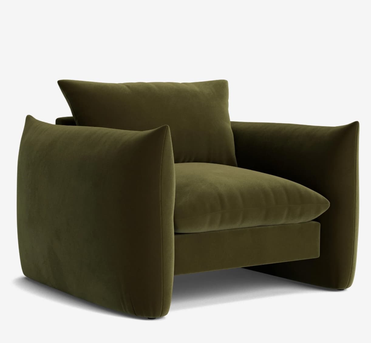 A contemporary armchair upholstered in a plush, dark olive green fabric. The armchair features a deep, square seat cushion, a high back, and wide armrests that extend vertically. The overall design is characterized by soft, rounded edges and a minimalist aesthetic, with the upholstery creating a seamless, enveloping form. The base is a low, integrated plinth. — 3D model