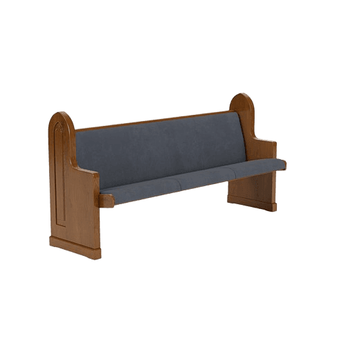 A long, upholstered bench with a wooden frame and back support. The bench has a high, structured back and a slightly curved top edge on the side supports. The wooden elements appear to be stained a medium brown, while the upholstery is a solid, dark grey fabric with a textured appearance. — 3D model