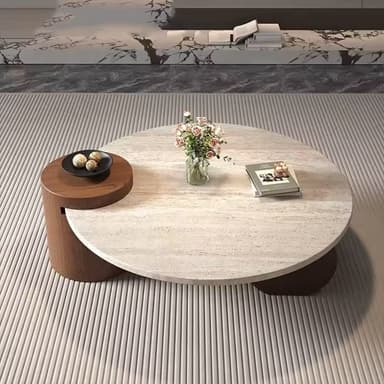 A modern coffee table featuring a large circular travertine top supported by dark wood cylindrical bases, one of which extends to form a smaller, elevated tiered platform. — 3D model