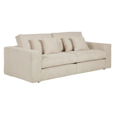 A contemporary three-seater sofa upholstered in a cream or beige corduroy fabric, featuring broad, plush cushions and block arms. The sofa has a minimalist design with visible seam piping. — 3D model