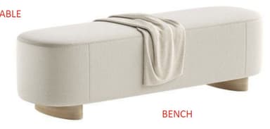 A rectangular upholstered bench with rounded corners and base. The bench features a smooth, seamless top surface and a thick, softly rounded side profile. It is supported by two low-profile, curved wooden bases that are integrated into the structure. — 3D model