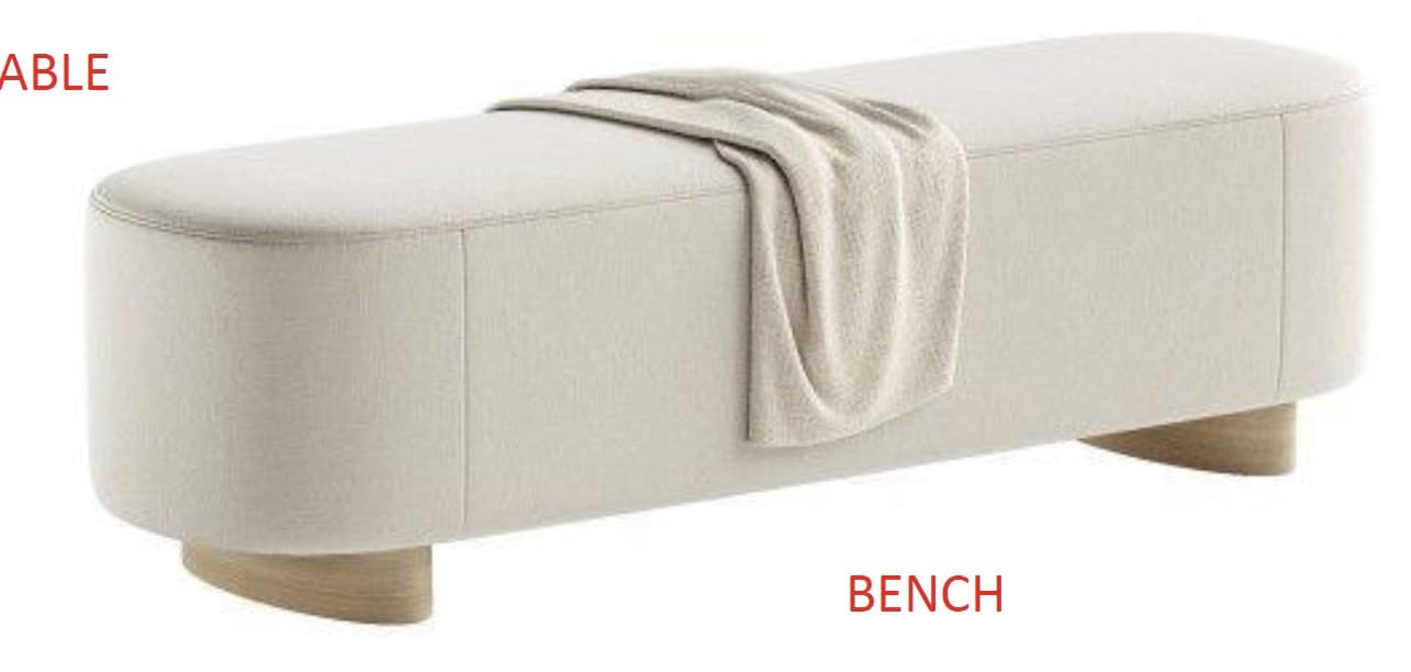 A rectangular upholstered bench with rounded corners and base. The bench features a smooth, seamless top surface and a thick, softly rounded side profile. It is supported by two low-profile, curved wooden bases that are integrated into the structure. — 3D model
