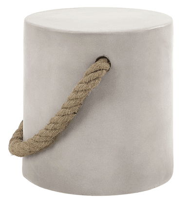 A cylindrical, light gray, concrete or composite stool featuring a thick, braided natural fiber rope handle threaded through two holes near the top edge. — 3D model