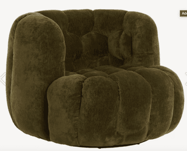A plush, channel-tufted lounge chair upholstered in olive green velvet, featuring a rounded, voluminous form with a high back and integrated arms, sitting on a concealed base. — 3D model