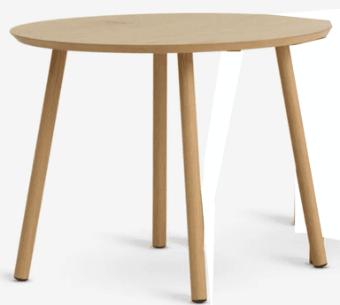 A round, light-colored wooden side table with three tapered legs. The table has a smooth, matte finish and a minimalist design. — 3D model