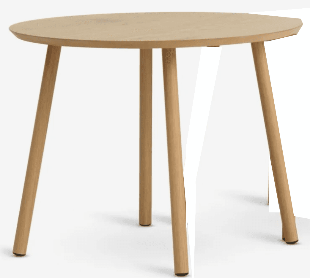 A round, light-colored wooden side table with three tapered legs. The table has a smooth, matte finish and a minimalist design. — 3D model