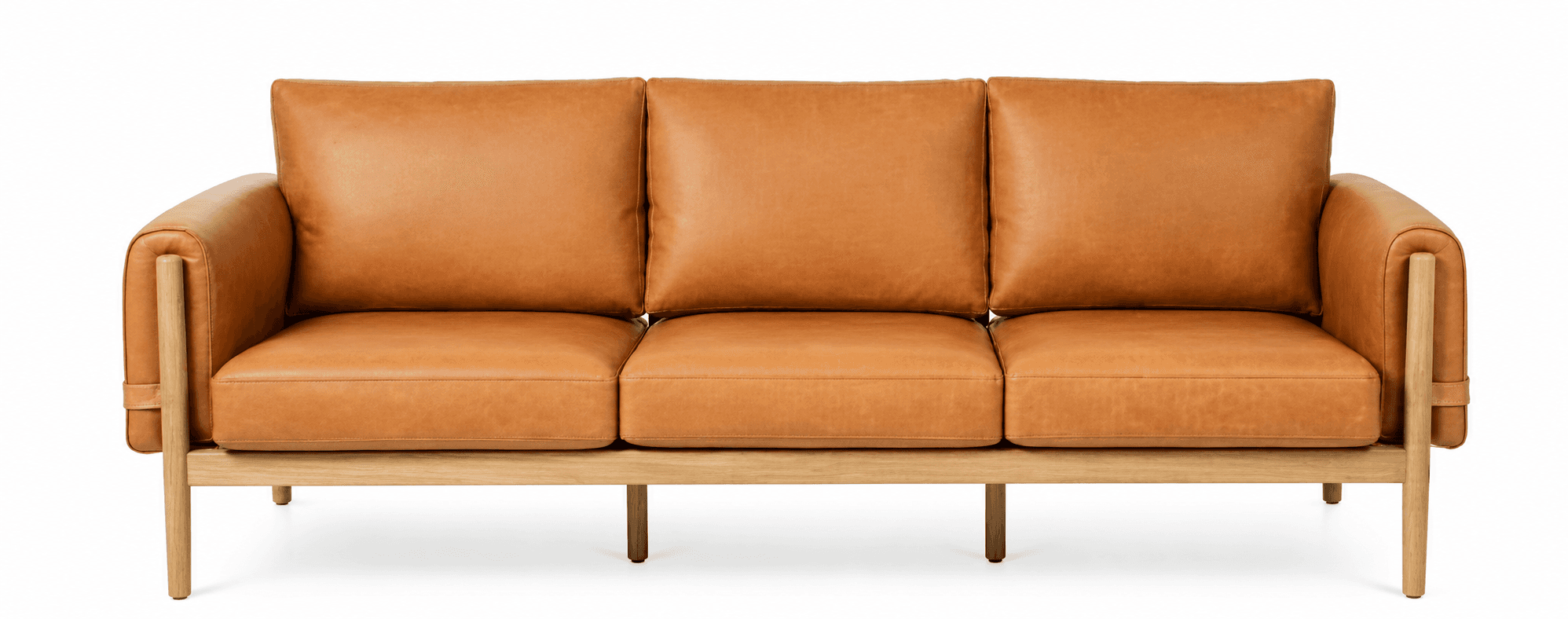 A three-seater sofa with a natural wood frame and tan leather upholstery. The sofa features plush seat cushions and back cushions, with rounded armrests integrated into the wooden frame. The frame is constructed with visible wooden elements forming the legs, base, and armrest supports, which are complemented by leather straps attached to the armrests. — 3D model