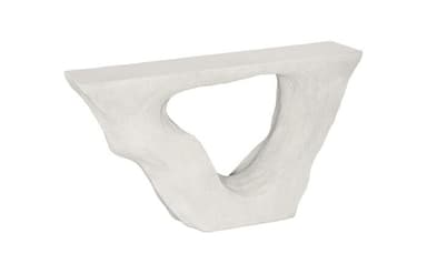 A contemporary console table featuring an organic, sculptural base with a large central cut-out, supporting a flat, rectangular top. The table has a textured, matte finish in a light off-white or gray color, resembling concrete or a similar composite material. Its design is minimalist yet highly distinctive, creating a strong visual statement. — 3D model