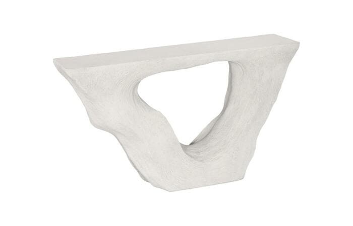 A contemporary console table featuring an organic, sculptural base with a large central cut-out, supporting a flat, rectangular top. The table has a textured, matte finish in a light off-white or gray color, resembling concrete or a similar composite material. Its design is minimalist yet highly distinctive, creating a strong visual statement. — 3D model