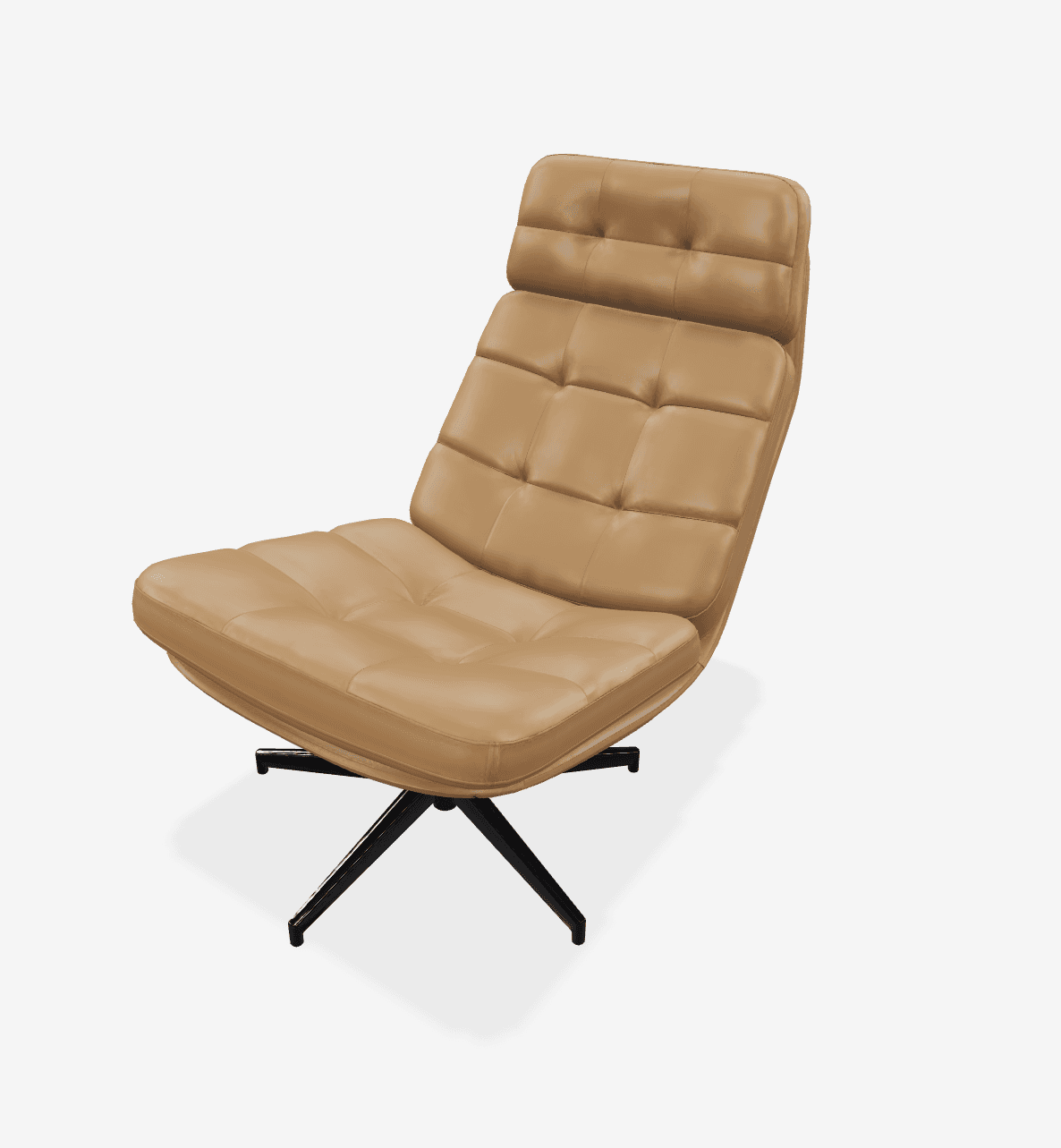 A contemporary lounge chair with a low profile and a reclined backrest. The chair features a tufted upholstery pattern across the seat and back. It is supported by a central pedestal base with four splayed legs, finished in black. The overall design suggests a modern aesthetic. — 3D model