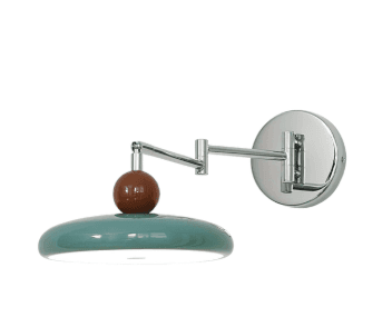 A modern wall sconce with a dual-jointed adjustable arm. The sconce features a polished chrome finish on the arm and mounting plate, a turquoise-colored, saucer-shaped shade, and a spherical, reddish-brown accent at the junction between the arm and the shade. — 3D model