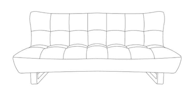 A modern futon sofa featuring gray fabric upholstery with square tufting across the backrest and seat. It is supported by a minimalist light-toned wooden base. The design is sleek and contemporary, appearing as a 3D render. — 3D model