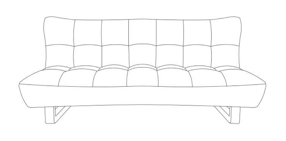 A modern futon sofa featuring gray fabric upholstery with square tufting across the backrest and seat. It is supported by a minimalist light-toned wooden base. The design is sleek and contemporary, appearing as a 3D render. — 3D model