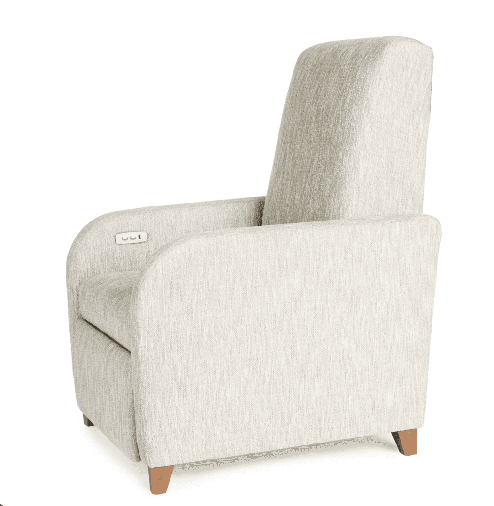 A modern upholstered recliner featuring a high back, broad track arms, and short, slightly tapered wooden legs. The chair is covered in a light beige, textured fabric and includes an integrated control panel for reclining functions on the inner right armrest. Its design is clean and contemporary. — 3D model