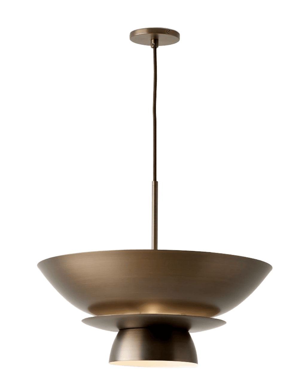 A modern pendant light featuring a layered, bowl-shaped design crafted from brushed metal, suspended by a slender rod and electrical cord. — 3D model