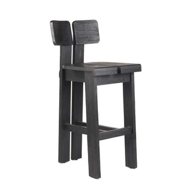 A modern bar stool with a robust, minimalist design. It features a dual-panel seat and a split backrest, both constructed from dark wood with a visible grain. The stool has four straight legs connected by a lower crossbar for stability. The overall aesthetic is contemporary and utilitarian. — 3D model