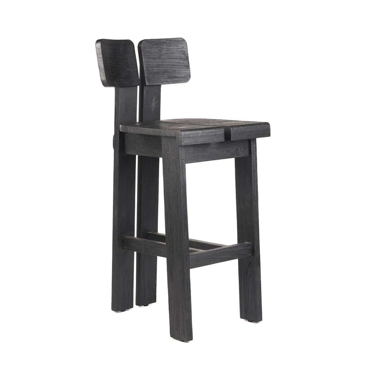 A modern bar stool with a robust, minimalist design. It features a dual-panel seat and a split backrest, both constructed from dark wood with a visible grain. The stool has four straight legs connected by a lower crossbar for stability. The overall aesthetic is contemporary and utilitarian. — 3D model
