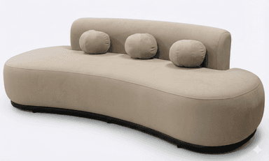 A modern, curved sofa with a cream-colored upholstered frame. It features a low backrest and three round decorative cushions arranged along the back. The base is dark and appears to be made of a smooth material, contrasting with the upholstered body. — 3D model