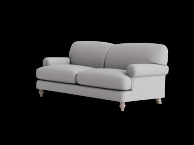 A two-seater sofa with rolled arms and upholstered cushions. It features a light grey textured fabric and is supported by four turned wooden legs, two of which are clearly visible. — 3D model