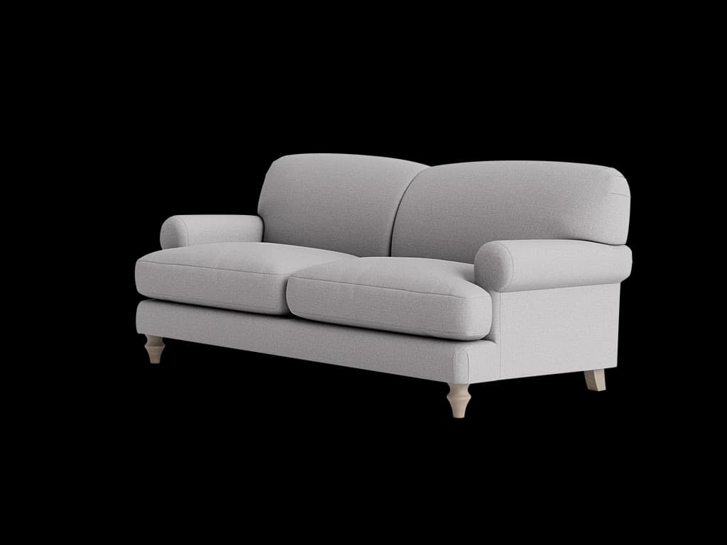 A two-seater sofa with rolled arms and upholstered cushions. It features a light grey textured fabric and is supported by four turned wooden legs, two of which are clearly visible. — 3D model
