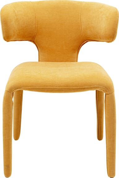 A contemporary armchair with a distinctive curved backrest that flows into integrated armrests. The seat and back are upholstered in a textured, mustard-yellow fabric. It is supported by four tapered legs that extend outwards, also upholstered in the same fabric. The design emphasizes organic curves and a cohesive upholstered form. — 3D model