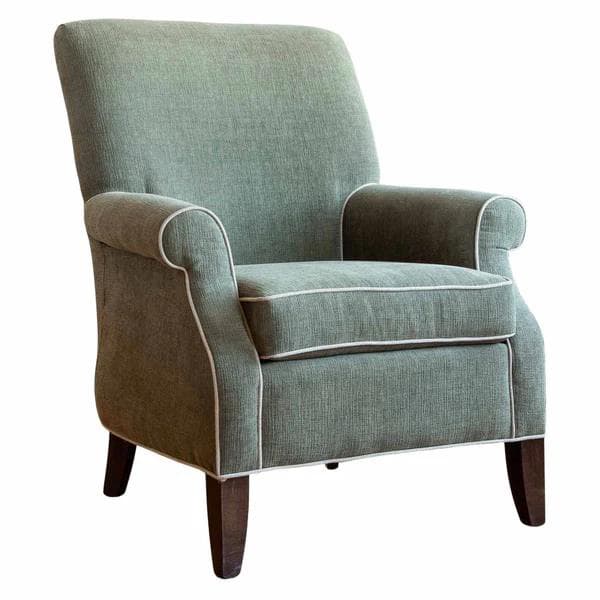 An upholstered armchair featuring a high back, classic rolled arms, and a single loose seat cushion, all covered in a textured sage green fabric. The armchair is accented with white contrast piping along its edges and stands on four dark, gently tapered wooden legs. — 3D model