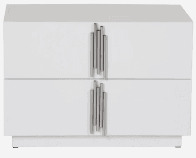 A minimalist, rectangular storage chest or cabinet rendered in a solid white finish. It features visible fasteners on the front panel, suggesting a sturdy, possibly modular construction. The unit sits on a recessed plinth base, elevated by small, discreet feet. — 3D model