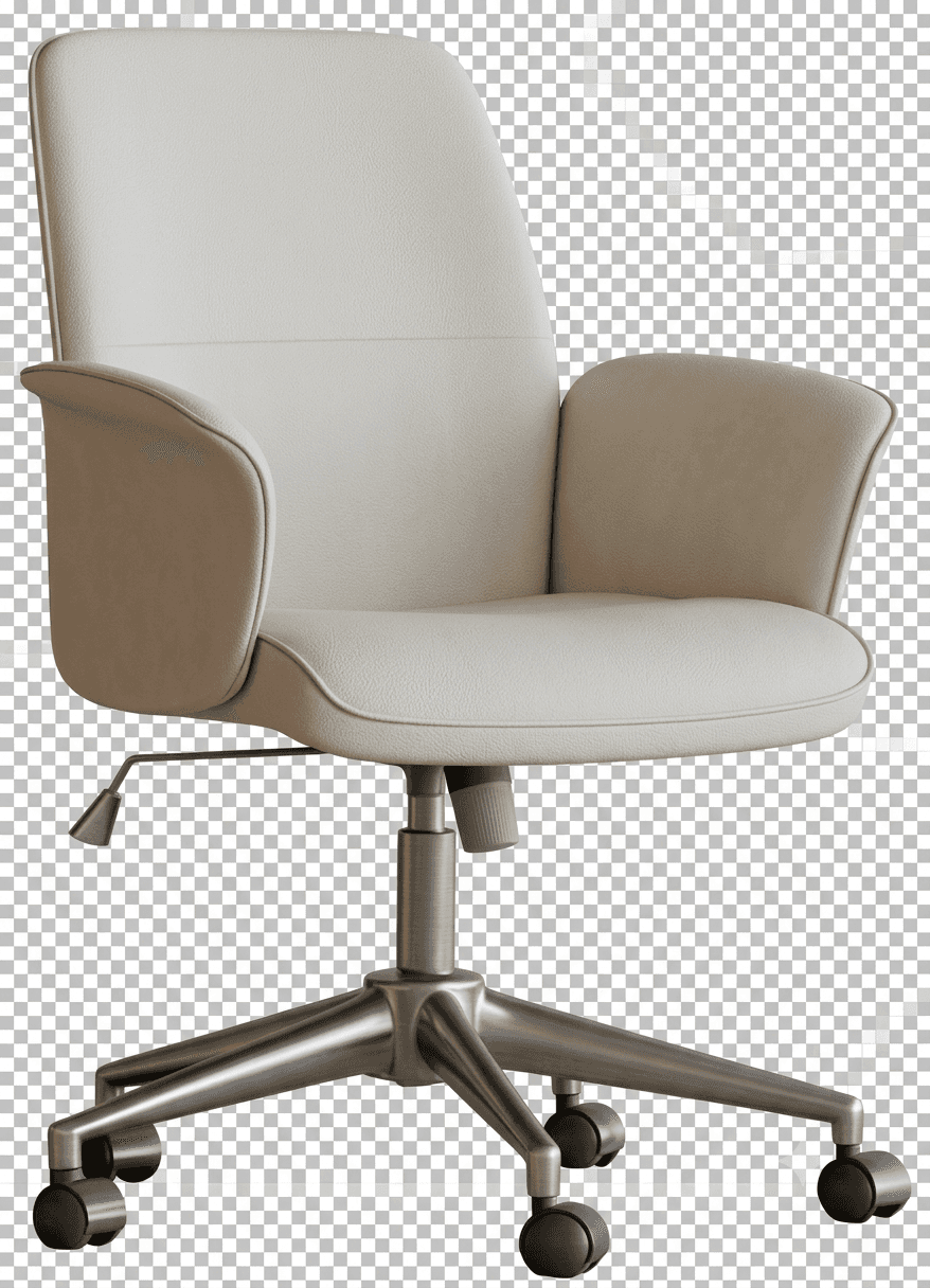 A contemporary office chair featuring light beige upholstered seat, backrest, and integrated armrests, set on a five-star metal base with casters and a height adjustment mechanism. — 3D model