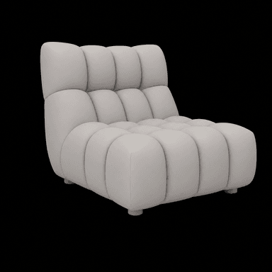 A modern, low-profile sofa with a distinctive rounded back and seat, characterized by deep channel tufting across its entire surface. The sofa features a singular armless design, flowing seamlessly from the back to the base. It is supported by short, cylindrical feet. The upholstery appears to be a smooth, matte fabric. — 3D model