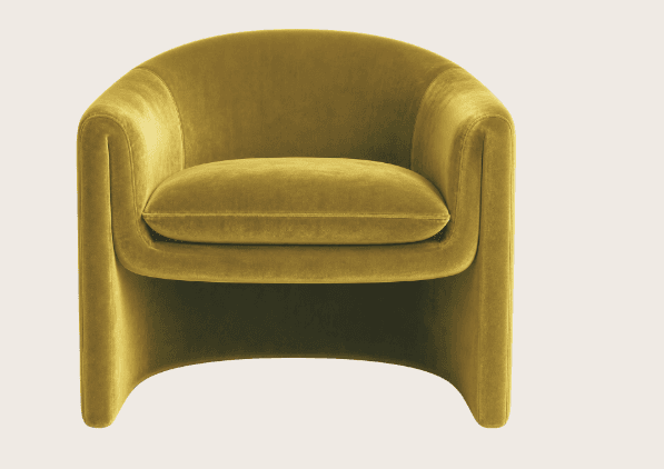 A modern armchair with a curved, enveloping backrest and seat. The piece features a plush, velvet-like upholstery and a rounded, open base that curves inwards. — 3D model