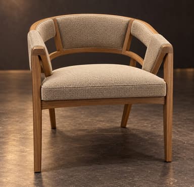 A contemporary upholstered armchair featuring a light wood frame with a curved backrest and armrests, and beige fabric upholstery. — 3D model