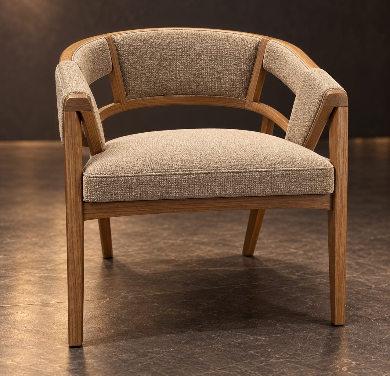 A contemporary upholstered armchair featuring a light wood frame with a curved backrest and armrests, and beige fabric upholstery. — 3D model