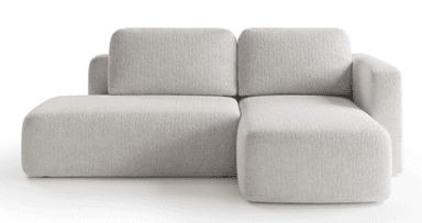 A contemporary modular sectional sofa in a light, neutral color, upholstered in a textured fabric, featuring a main two-seat section and an integrated chaise lounge, characterized by soft, rounded edges and a low-profile design. — 3D model