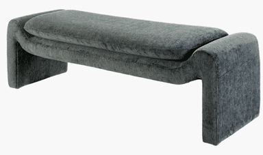 A modern, minimalist bench fully upholstered in a textured charcoal grey fabric. The design features a continuous, curved form that integrates the seat and legs in a 'waterfall' style, creating a soft, sculptural profile. The padding appears thick and plush, providing comfort. The bench is presented against a plain white background, highlighting its clean lines and unique shape. — 3D model