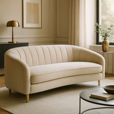 A cream-colored, channel-tufted sofa with a curved silhouette and tapered wooden legs. The sofa features a rounded backrest with vertical channeling and a seat cushion. The arms are integrated into the backrest's curve. — 3D model