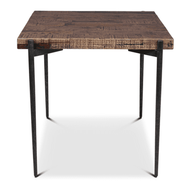 A square-top side table featuring a distressed wood surface and slender, angled metal legs. The tabletop exhibits visible grain and texture, suggesting a rustic or reclaimed aesthetic, while the dark metal legs provide an industrial contrast. — 3D model