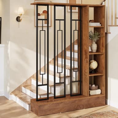 A modern freestanding room divider featuring a decorative metal screen and integrated shelving units. The frame is constructed from a wood-look material, while the central element consists of black metal with a geometric pattern. — 3D model