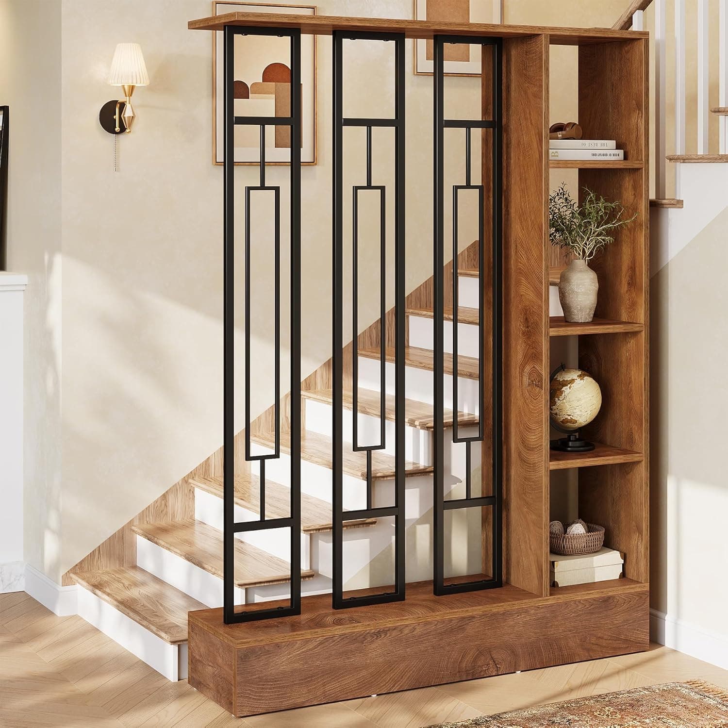 A modern freestanding room divider featuring a decorative metal screen and integrated shelving units. The frame is constructed from a wood-look material, while the central element consists of black metal with a geometric pattern. — 3D model