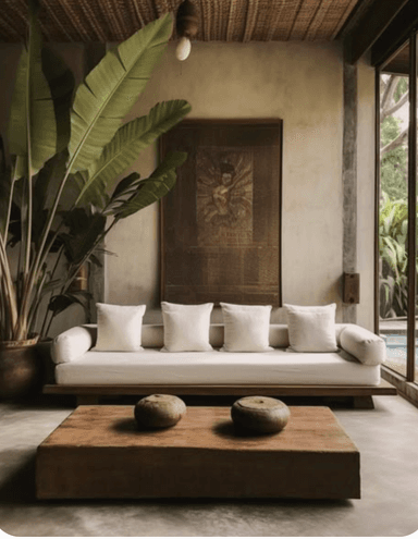 A contemporary low-profile sofa featuring a prominent light-toned wooden frame and clean, white fabric cushions. The design is minimalist, with a continuous seat cushion and several loose back pillows, making it suitable for modern lounge areas or covered outdoor spaces. — 3D model