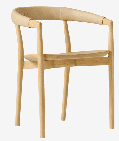 A modern armchair featuring a light-toned solid wood frame and a bentwood backrest wrapped in natural-colored leather. The seat is a subtly scooped wooden panel. The chair has four tapered, round legs, presenting a clean and minimalist aesthetic. — 3D model