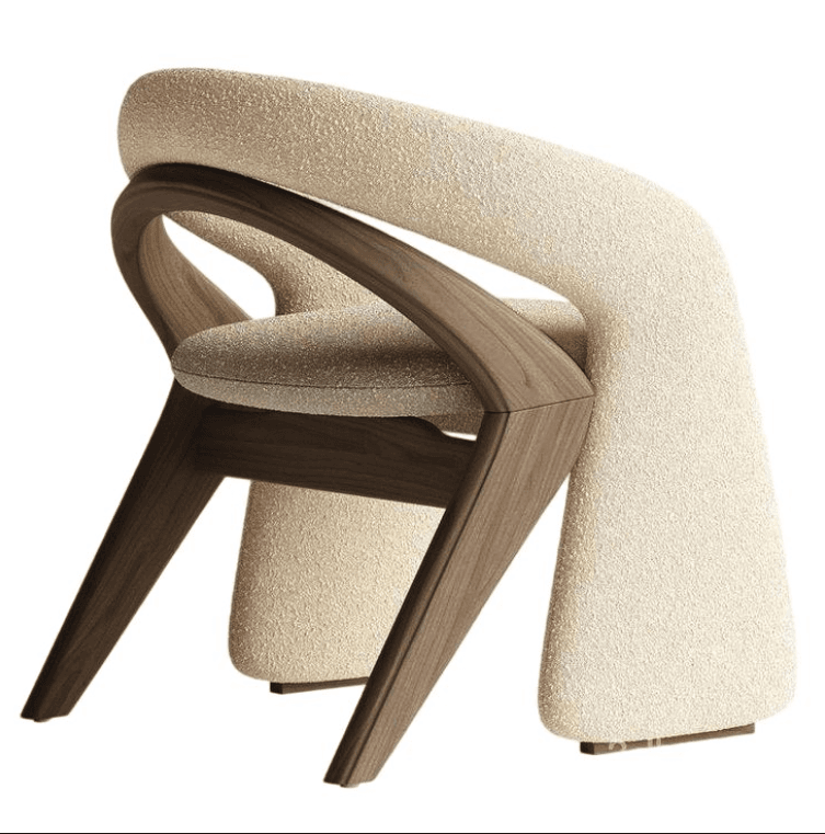 A modern accent chair with a curved, upholstered back and seat supported by a dark wood frame. The upholstery features a textured, boucle-like fabric. The frame has a distinctive, sculptural design with angled legs. — 3D model