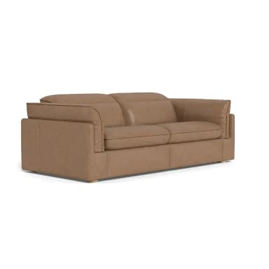 A two-seater sofa with a tailored design, featuring plush cushions and a supportive frame. The upholstery appears to be leather and the color is a neutral tan or light brown. The sofa has a contemporary yet classic aesthetic, with clean lines and slightly rounded armrests. It is elevated by short, discreet wooden legs. — 3D model