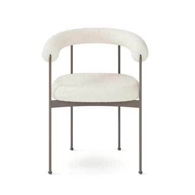 A modern armchair featuring an off-white boucle upholstered seat and a continuous, curved, padded backrest that flows into armrests. The chair is supported by a sleek, dark metal frame with four slender, slightly splayed legs. — 3D model