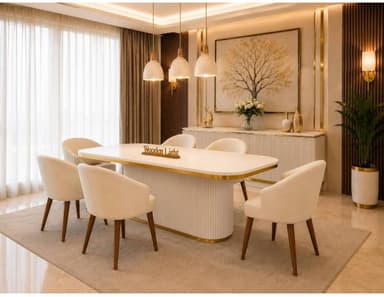 A modern white table featuring a rectangular top with rounded corners, supported by a central, fluted pedestal base, all accented with elegant brass trim. — 3D model